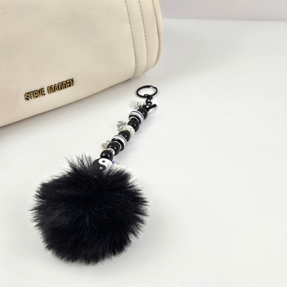 Handmade Yin Yang Faux Fur Pom Pom Beaded Bag Charm Keychain Black White Y2K